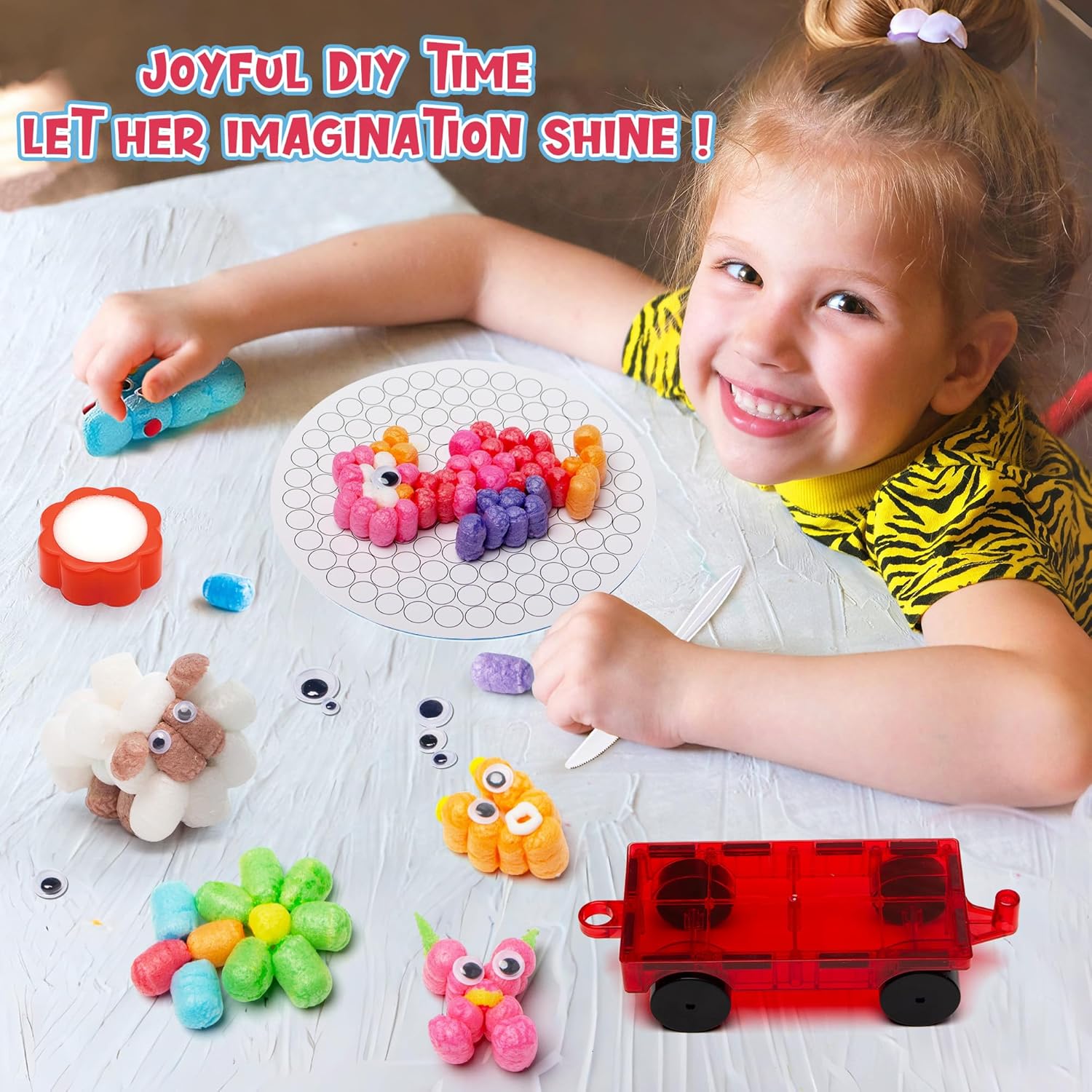 Kiditos Magic Puff Corn Building Kit – 3D Colorful Craft for Kids, DIY Art Set with Sticky Corn Pieces, Templates & Tools – Sensory, Educational & Mess-Free Play for Ages 3+