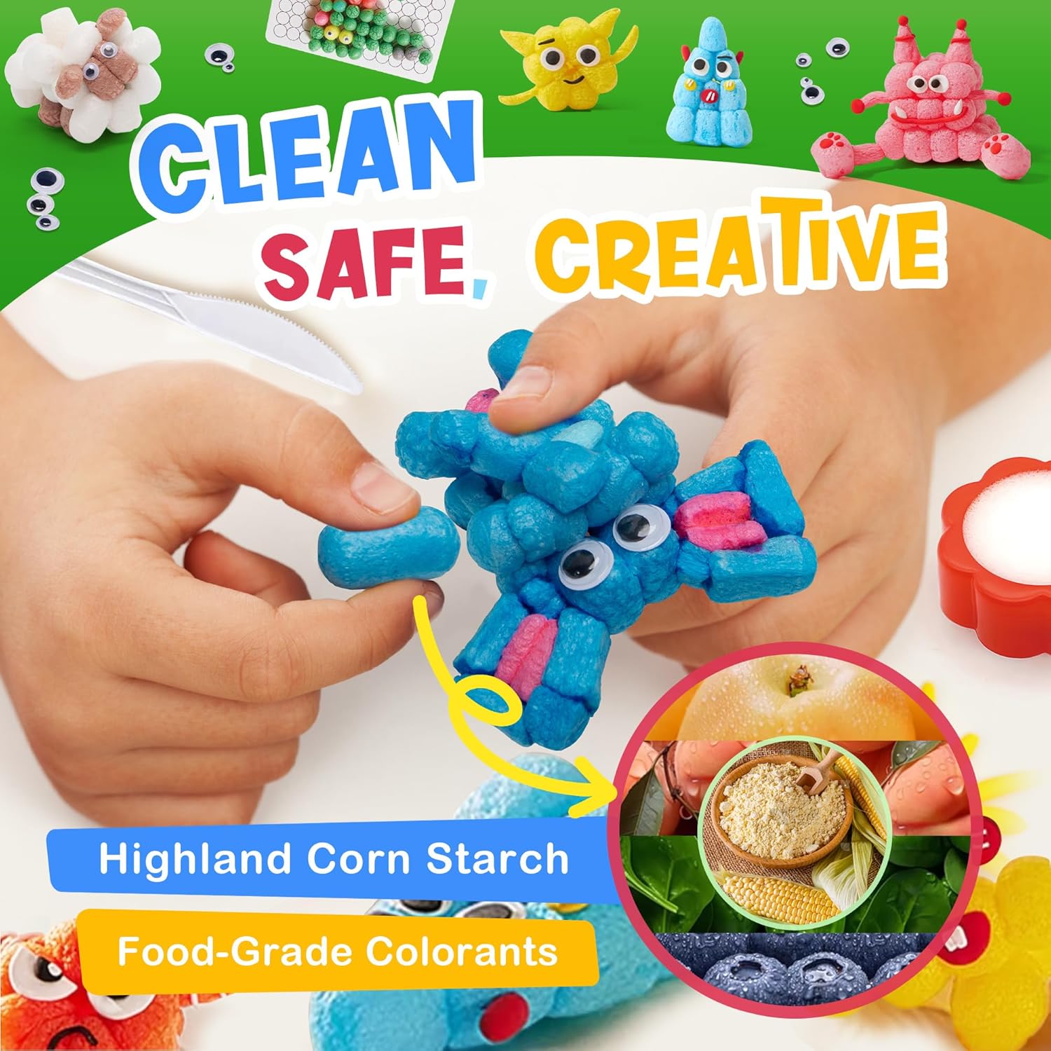Kiditos Magic Puff Corn Building Kit – 3D Colorful Craft for Kids, DIY Art Set with Sticky Corn Pieces, Templates & Tools – Sensory, Educational & Mess-Free Play for Ages 3+