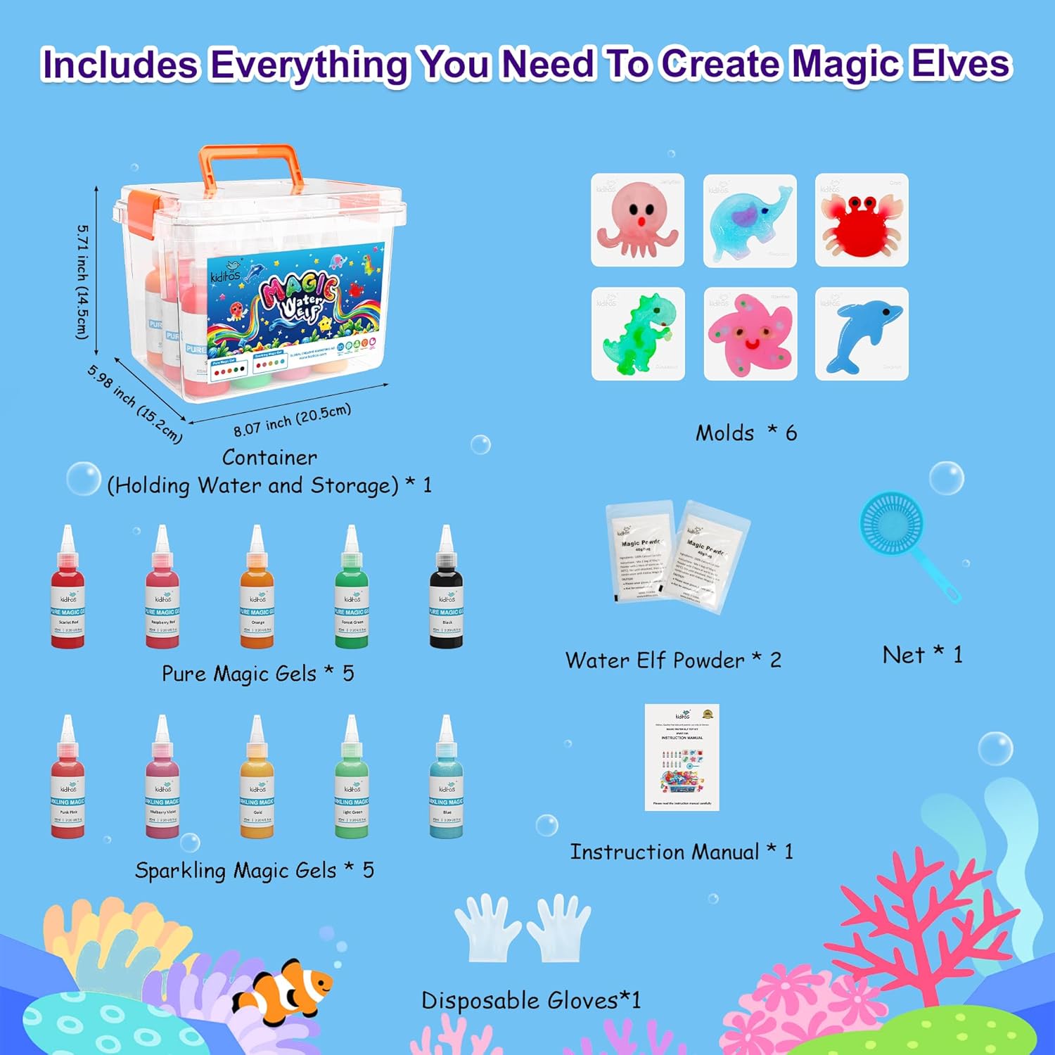 Kiditos Magic Water Elf Toy Kit–Squishies for Kids, 10 Gels & 6 Molds, Magic Gel Water Pets Sensory Toy, Fun DIY Craft Kit, Party Favors, Birthday & Christmas Gifts for Kids Ages 3+