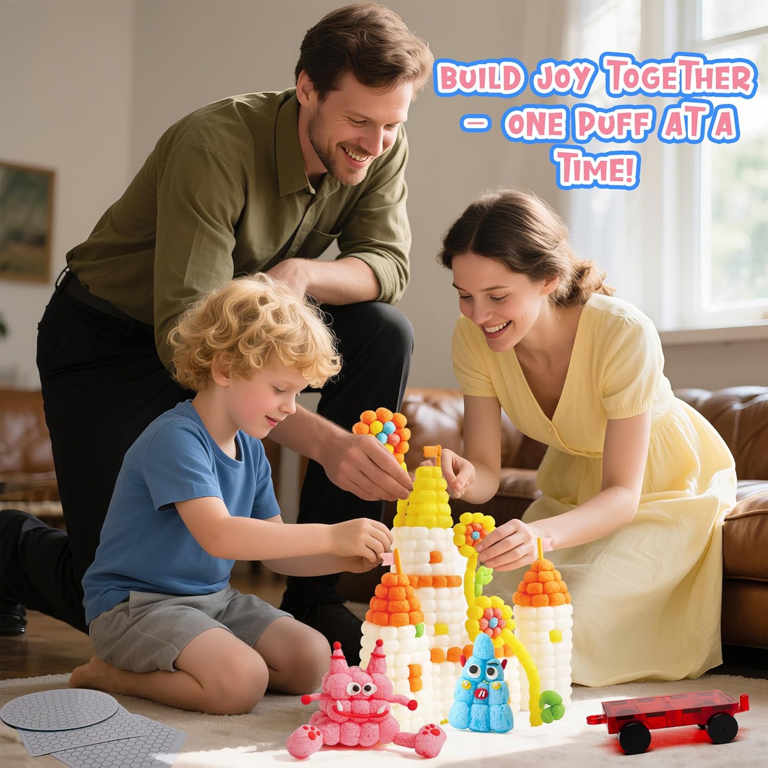 Kiditos Magic Puff Corn Building Kit – 3D Colorful Craft for Kids, DIY Art Set with Sticky Corn Pieces, Templates & Tools – Sensory, Educational & Mess-Free Play for Ages 3+