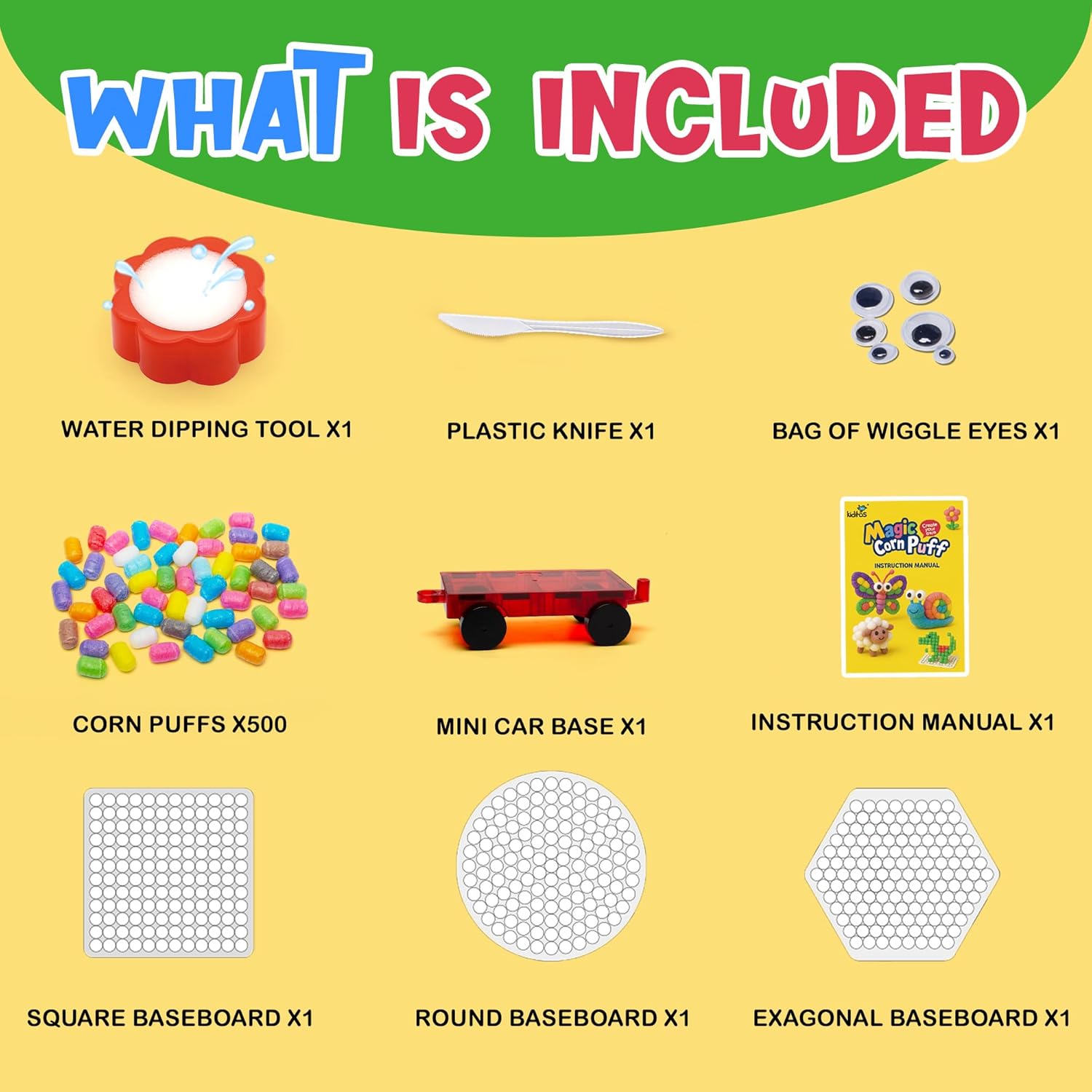 Kiditos Magic Puff Corn Building Kit – 3D Colorful Craft for Kids, DIY Art Set with Sticky Corn Pieces, Templates & Tools – Sensory, Educational & Mess-Free Play for Ages 3+