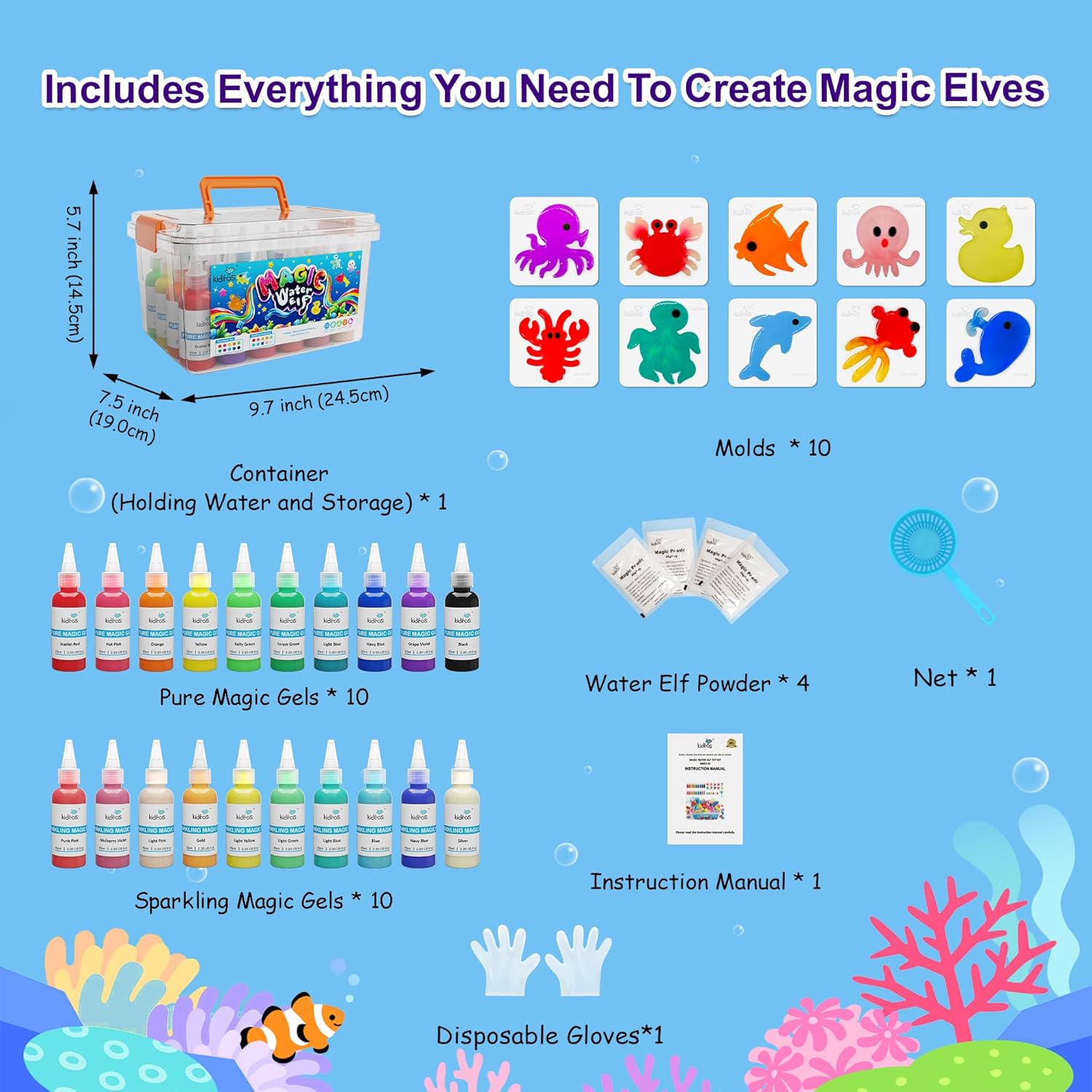 Kiditos Magic Water Elf Toy Kit–Squishies for Kids, 20 Gels & 10 Molds, Magic Gel Water Pets Sensory Toy, Fun DIY Craft Kit，Party Favors, Birthday & Christmas Gifts for Kids Ages 3+