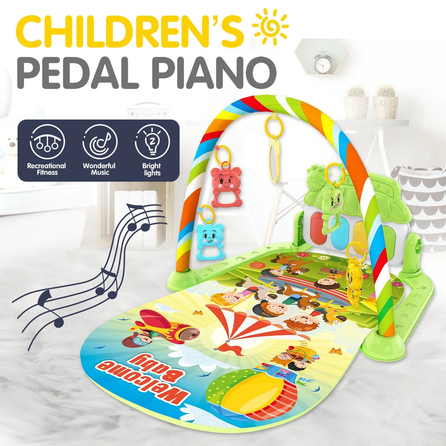 Baby Musical Play Mat with Piano & Hanging Toys (0–12M)