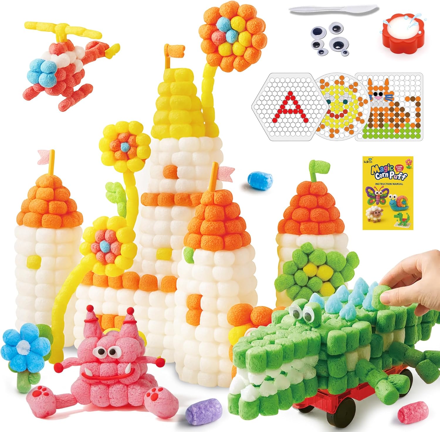 Kiditos Magic Puff Corn Building Kit – 3D Colorful Craft for Kids, DIY Art Set with Sticky Corn Pieces, Templates & Tools – Sensory, Educational & Mess-Free Play for Ages 3+