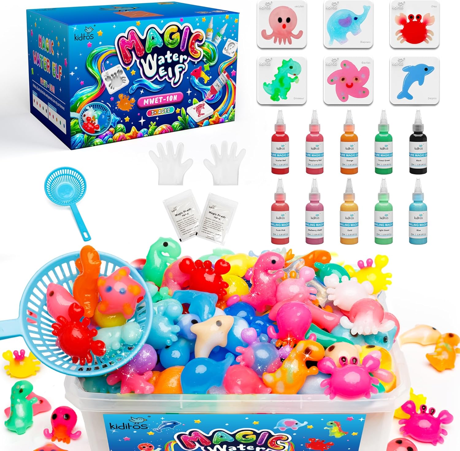 Kiditos Magic Water Elf Toy Kit–Squishies for Kids, 10 Gels & 6 Molds, Magic Gel Water Pets Sensory Toy, Fun DIY Craft Kit, Party Favors, Birthday & Christmas Gifts for Kids Ages 3+